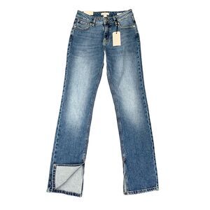 Forever 21 Jeans Womens 25 Blue Straight High Rise Stretch Ankle Slit Zip Fly